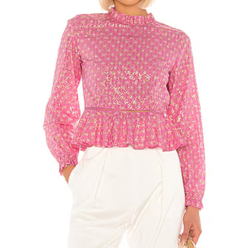 STINE GOYA PINK GOLD STAR PRINT SHIRLEY BACK SLIT OPENING RUFFLE PEPLUM TOP - Picture 11 of 13